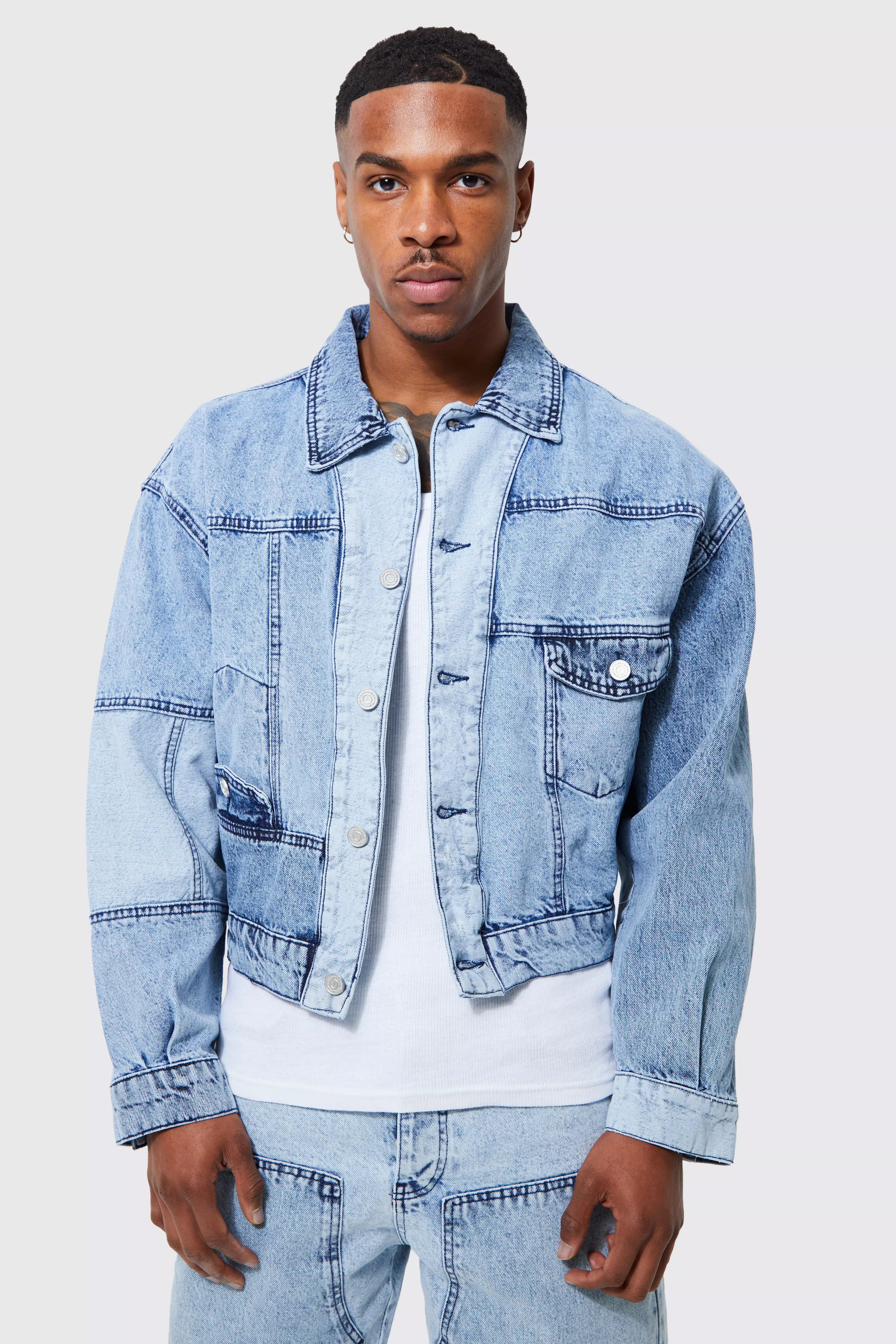 Denim shorts and denim jacket best sale